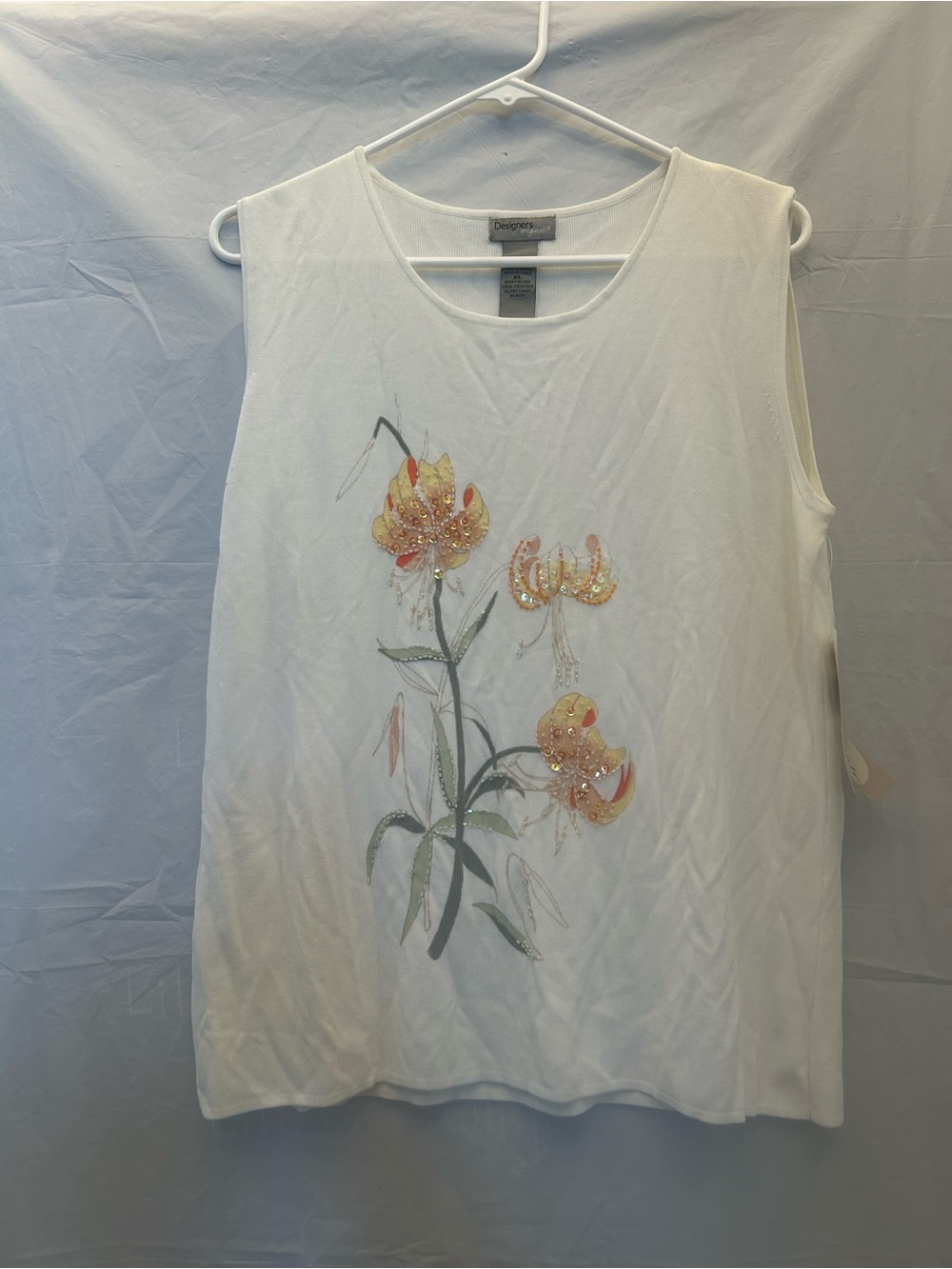 Designers Originals White Floral Sequin Sleeveless Tank Sz XL NWWT